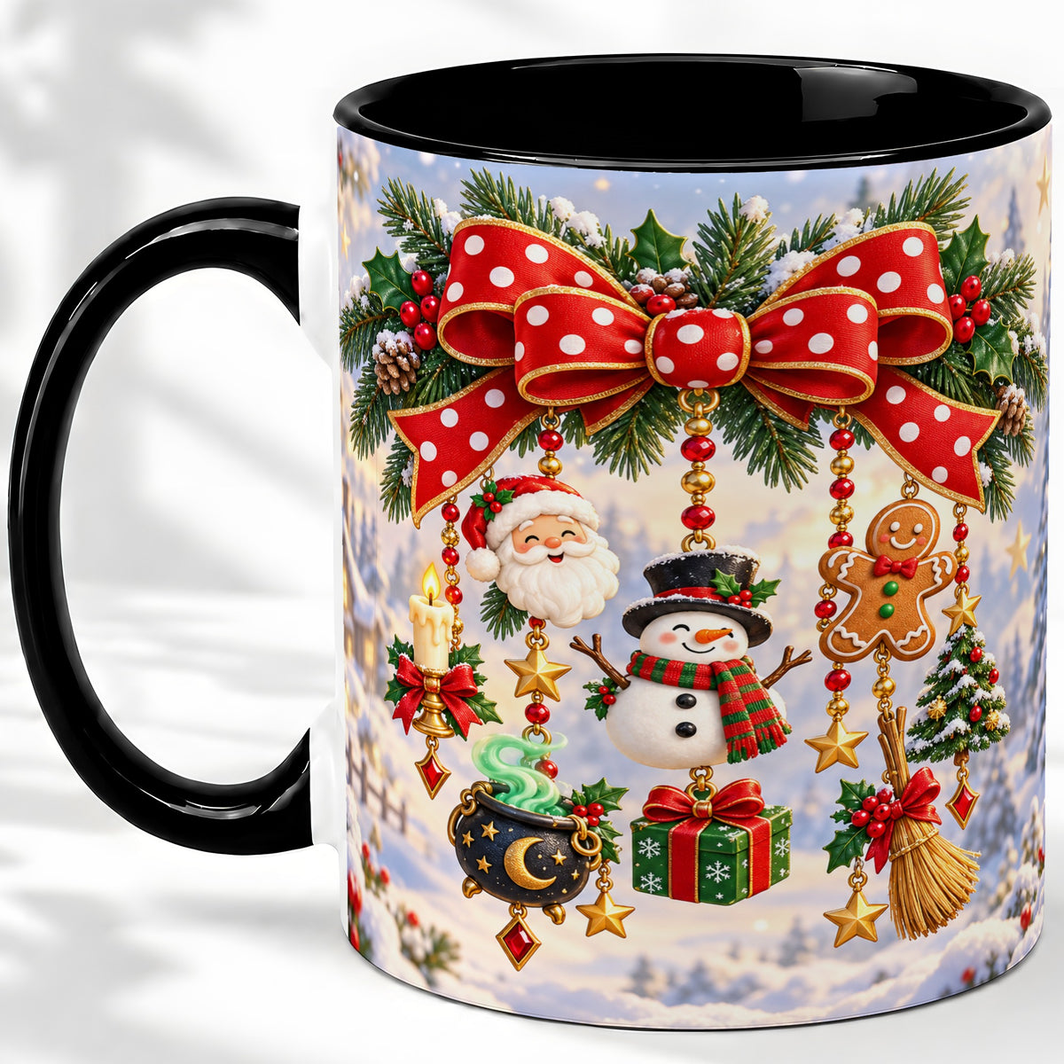 #pl[11oz|Black] Christmas Bow Accent Mug, Ceramic Cup with Holiday Ornaments