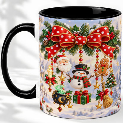 #pl[11oz|Black] Christmas Bow Accent Mug, Ceramic Cup with Holiday Ornaments
