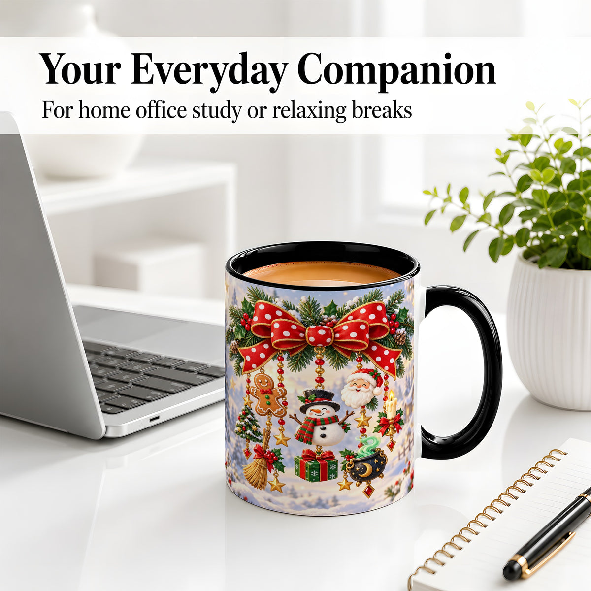 #pl[11oz|Black] Christmas Bow Accent Mug, Ceramic Cup with Holiday Ornaments