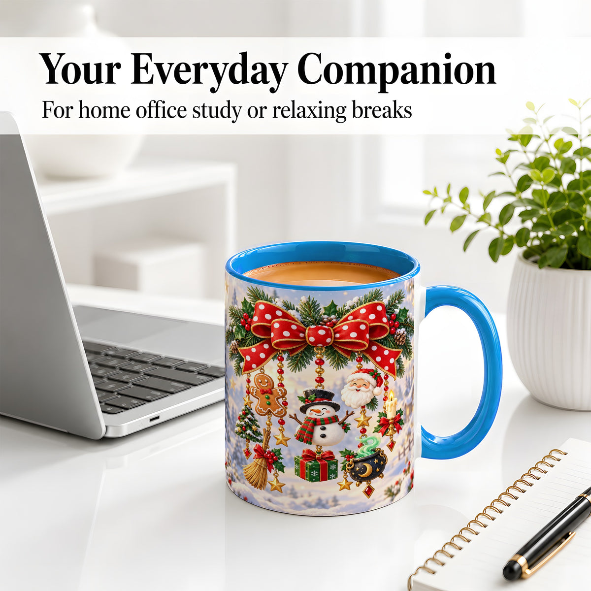 #pl[11oz|Blue] Christmas Bow Accent Mug, Ceramic Cup with Holiday Ornaments