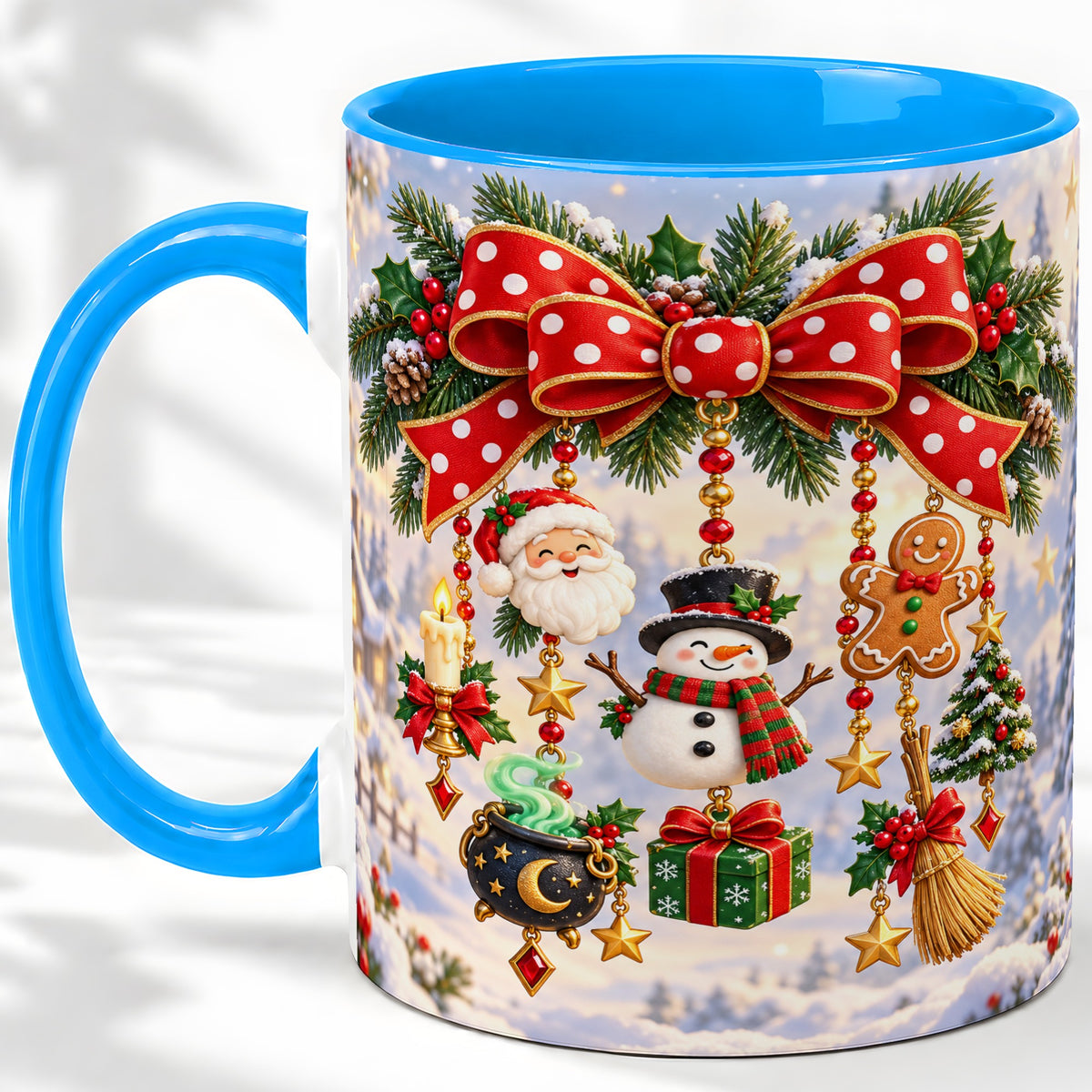 #pl[11oz|Blue] Christmas Bow Accent Mug, Ceramic Cup with Holiday Ornaments