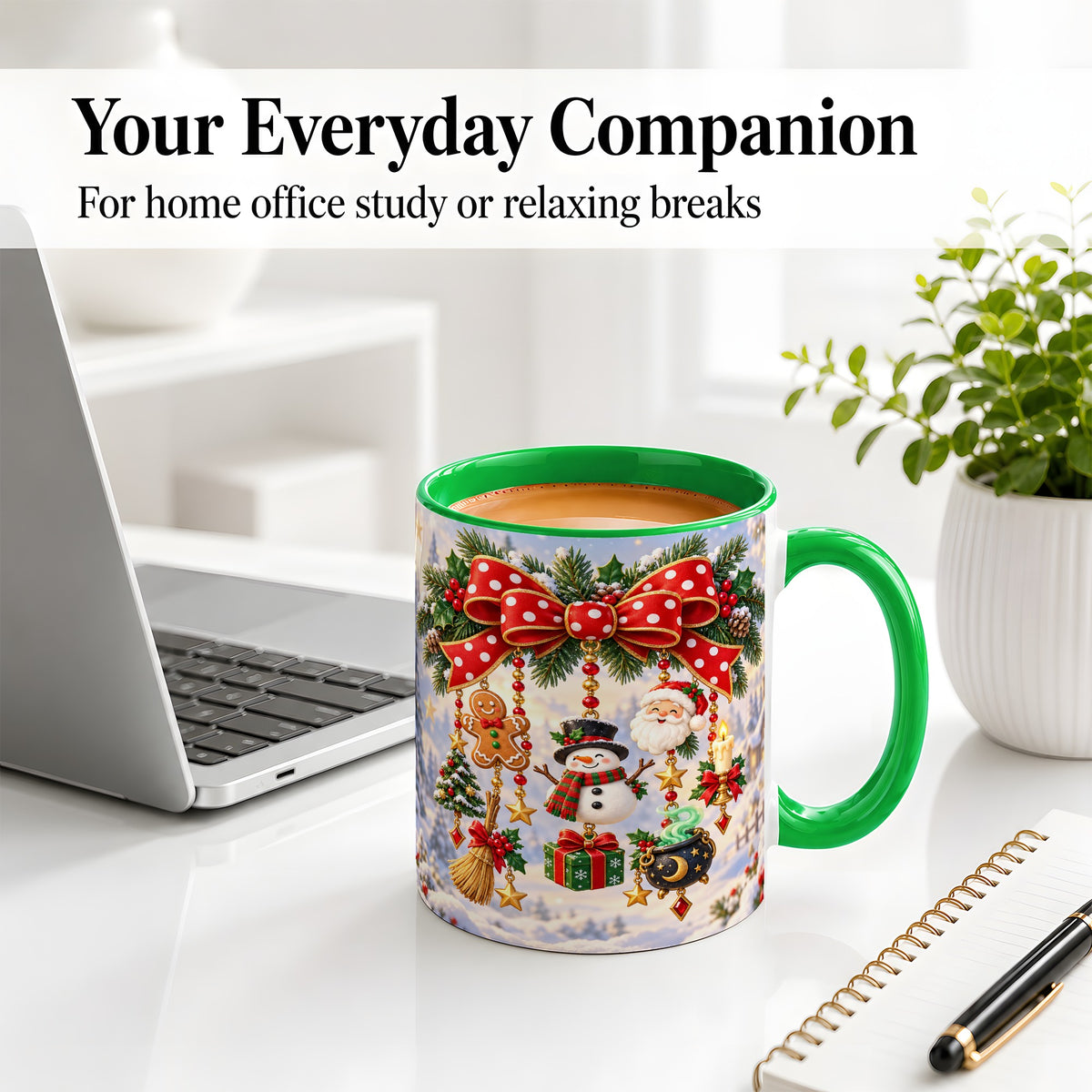 #pl[11oz|Green] Christmas Bow Accent Mug, Ceramic Cup with Holiday Ornaments
