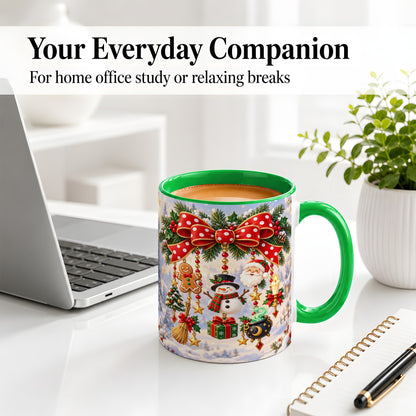 #pl[11oz|Green] Christmas Bow Accent Mug, Ceramic Cup with Holiday Ornaments