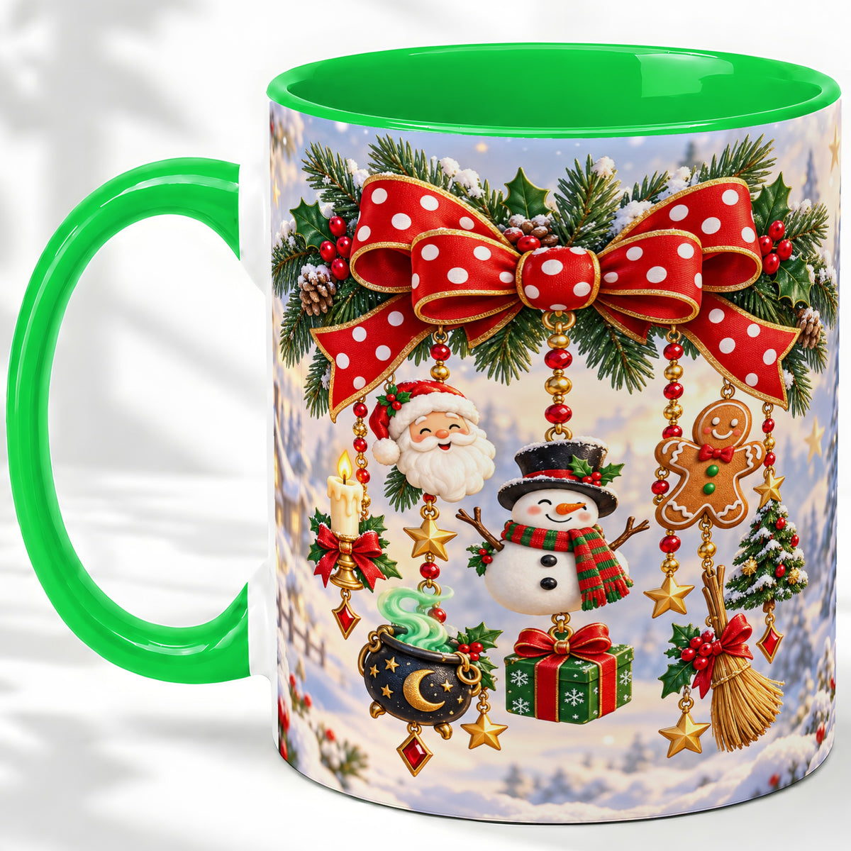#pl[11oz|Green] Christmas Bow Accent Mug, Ceramic Cup with Holiday Ornaments