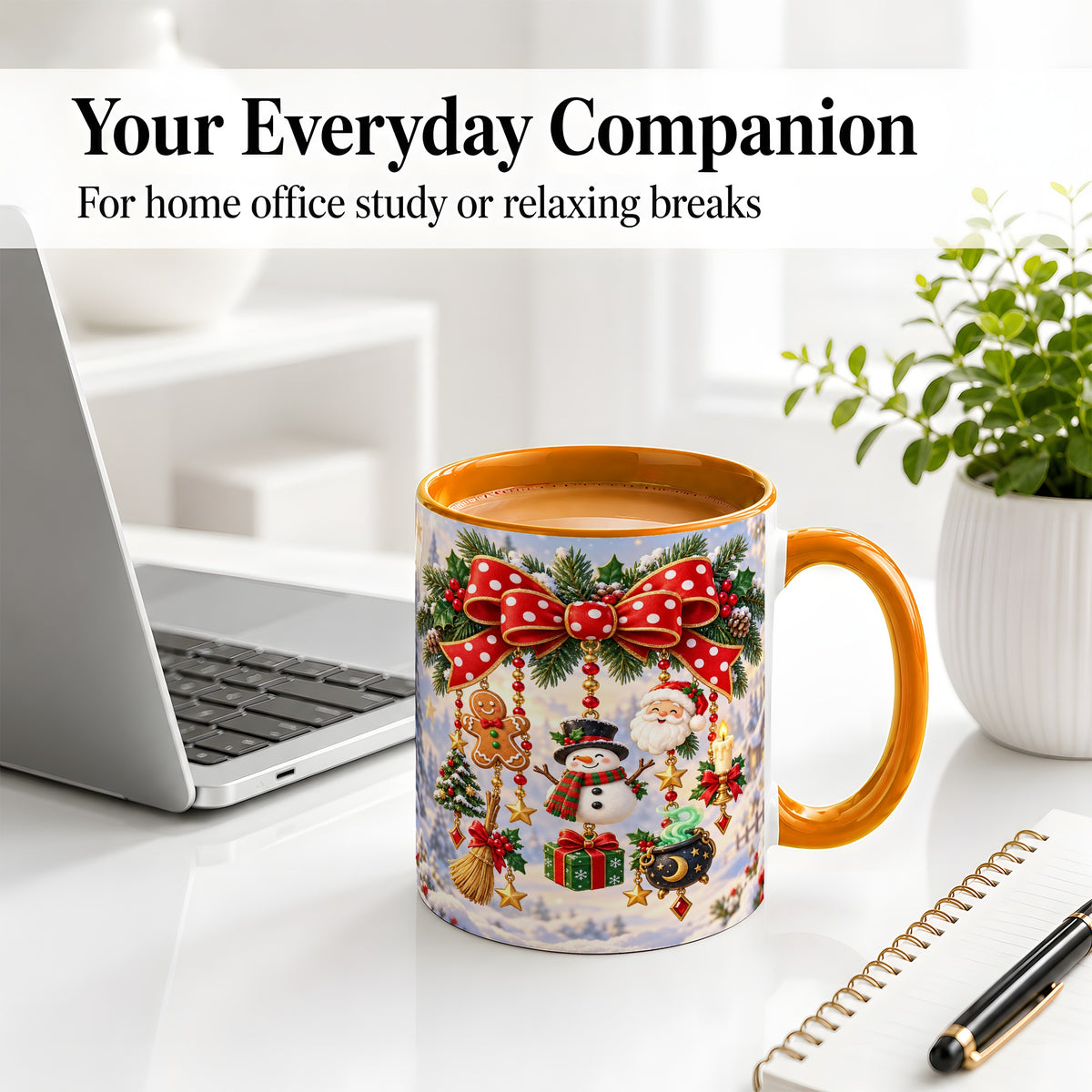#pl[11oz|Orange] Christmas Bow Accent Mug, Ceramic Cup with Holiday Ornaments