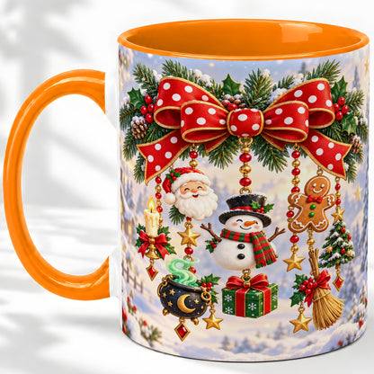 #pl[11oz|Orange] Christmas Bow Accent Mug, Ceramic Cup with Holiday Ornaments