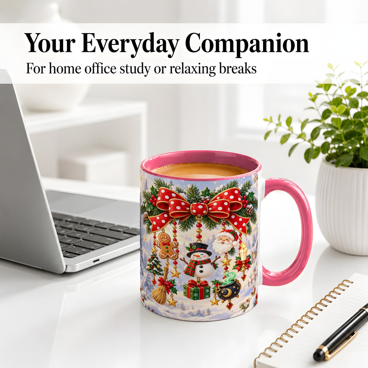 #pl[11oz|Pink] Christmas Bow Accent Mug, Ceramic Cup with Holiday Ornaments