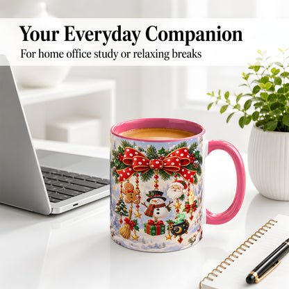 #pl[11oz|Pink] Christmas Bow Accent Mug, Ceramic Cup with Holiday Ornaments