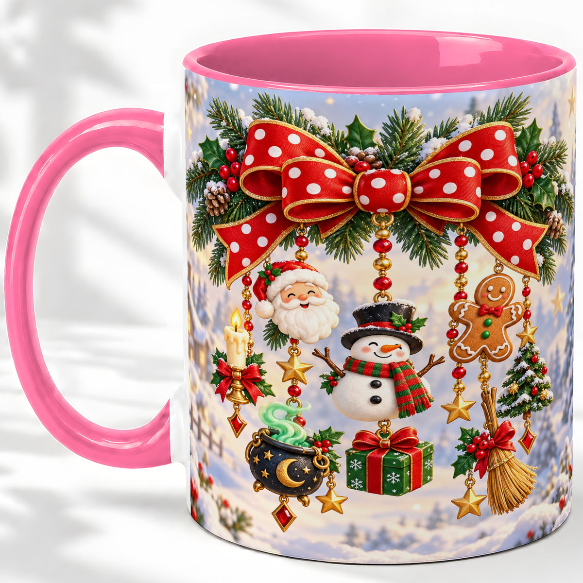 #pl[11oz|Pink] Christmas Bow Accent Mug, Ceramic Cup with Holiday Ornaments