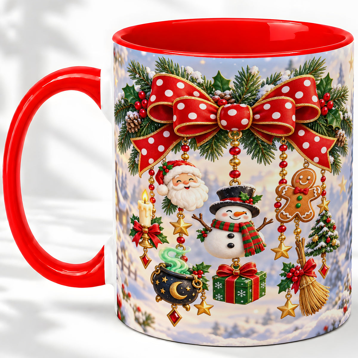 Christmas Bow Accent Mug, Ceramic Cup with Holiday Ornaments