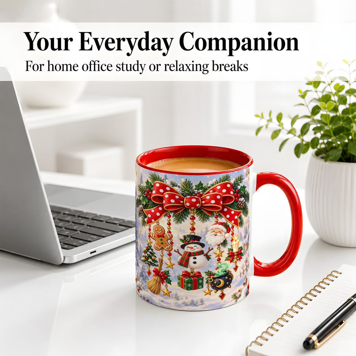 #pl[11oz|Red] Christmas Bow Accent Mug, Ceramic Cup with Holiday Ornaments