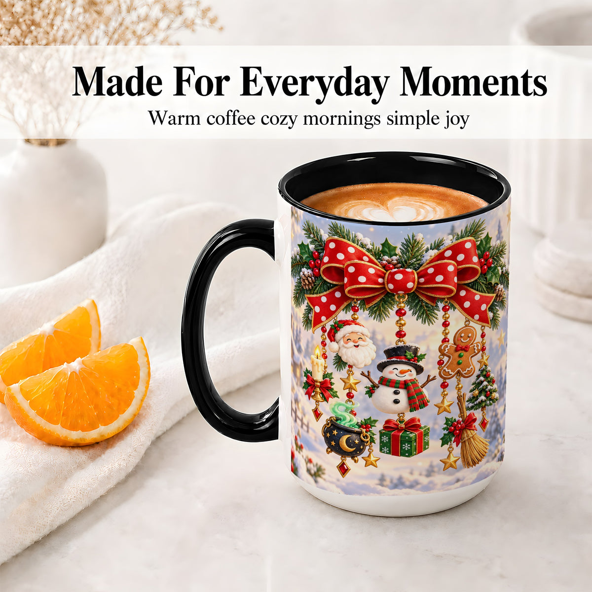 #pl[15oz|Black] Christmas Bow Accent Mug, Ceramic Cup with Holiday Ornaments
