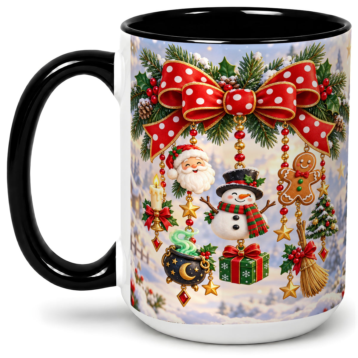 #pl[15oz|Black] Christmas Bow Accent Mug, Ceramic Cup with Holiday Ornaments