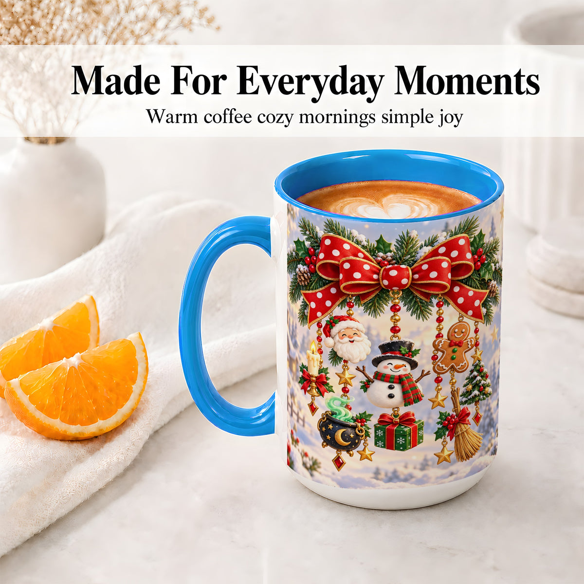 #pl[15oz|Blue] Christmas Bow Accent Mug, Ceramic Cup with Holiday Ornaments