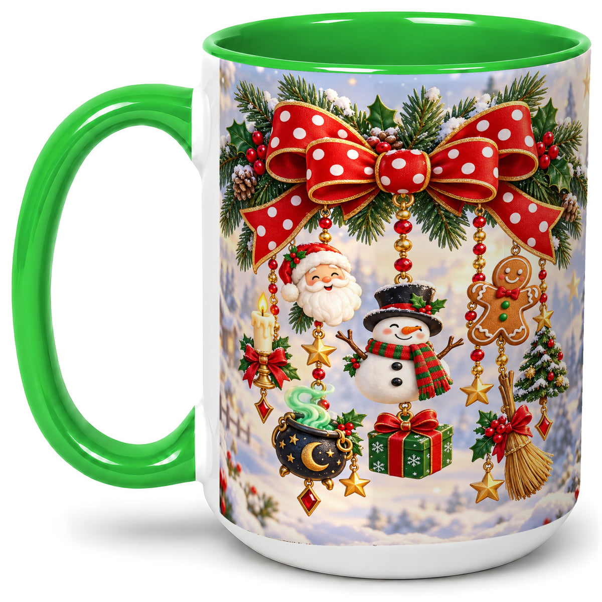 #pl[15oz|Green] Christmas Bow Accent Mug, Ceramic Cup with Holiday Ornaments