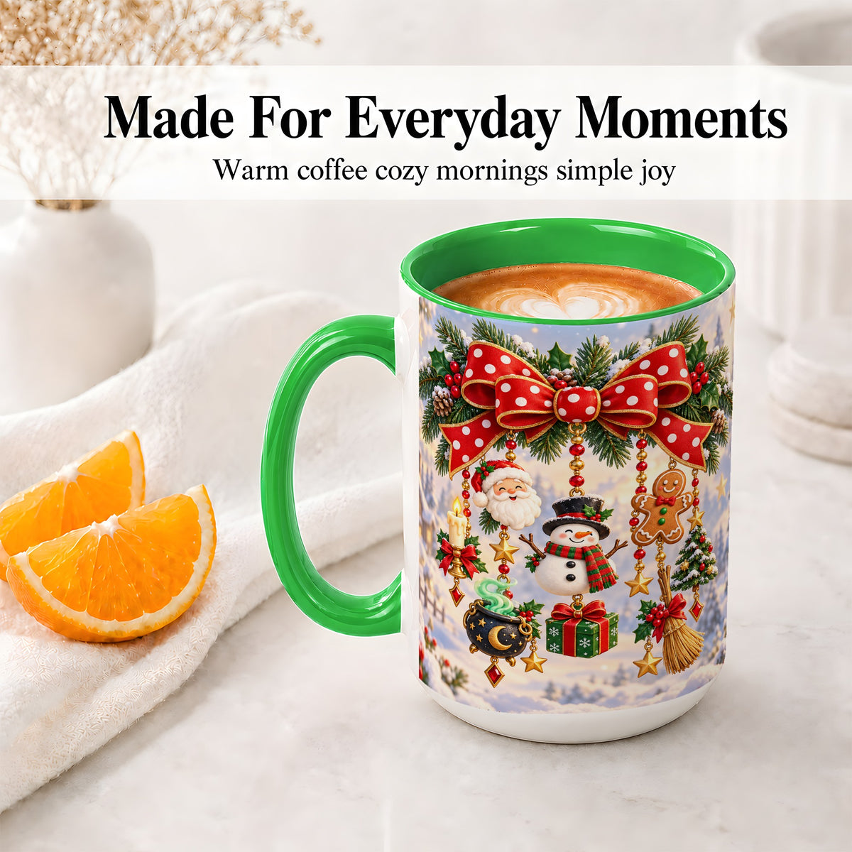 #pl[15oz|Green] Christmas Bow Accent Mug, Ceramic Cup with Holiday Ornaments