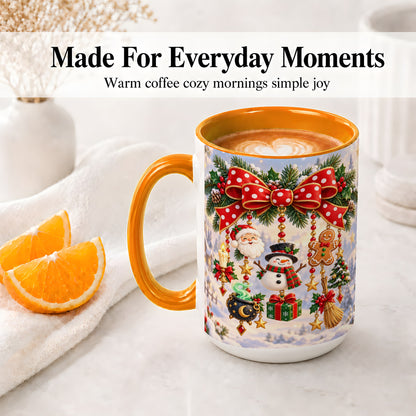 #pl[15oz|Orange] Christmas Bow Accent Mug, Ceramic Cup with Holiday Ornaments