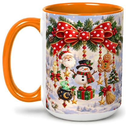 #pl[15oz|Orange] Christmas Bow Accent Mug, Ceramic Cup with Holiday Ornaments