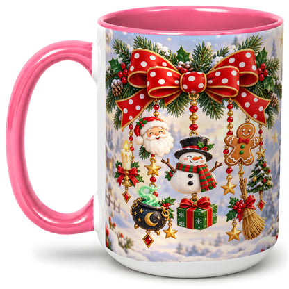 #pl[15oz|Pink] Christmas Bow Accent Mug, Ceramic Cup with Holiday Ornaments