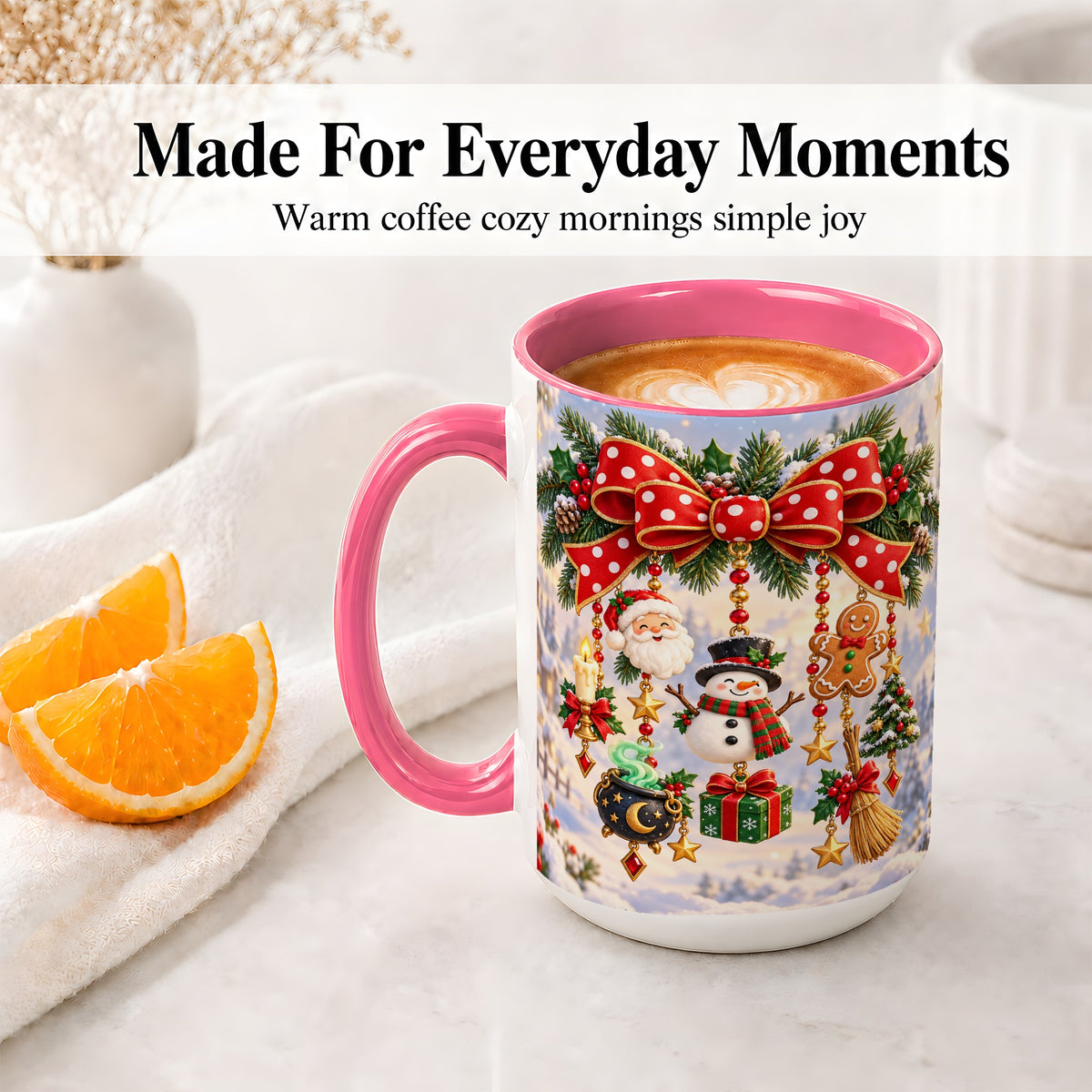 #pl[15oz|Pink] Christmas Bow Accent Mug, Ceramic Cup with Holiday Ornaments