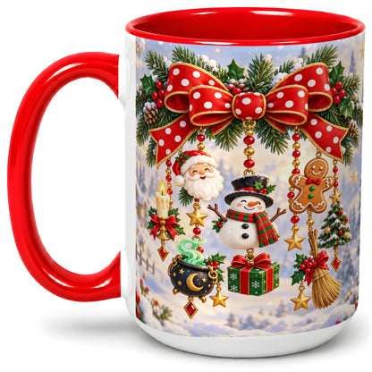 #pl[15oz|Red] Christmas Bow Accent Mug, Ceramic Cup with Holiday Ornaments