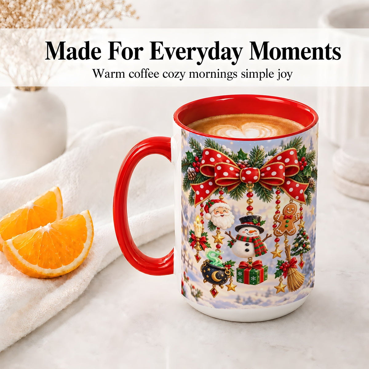 #pl[15oz|Red] Christmas Bow Accent Mug, Ceramic Cup with Holiday Ornaments