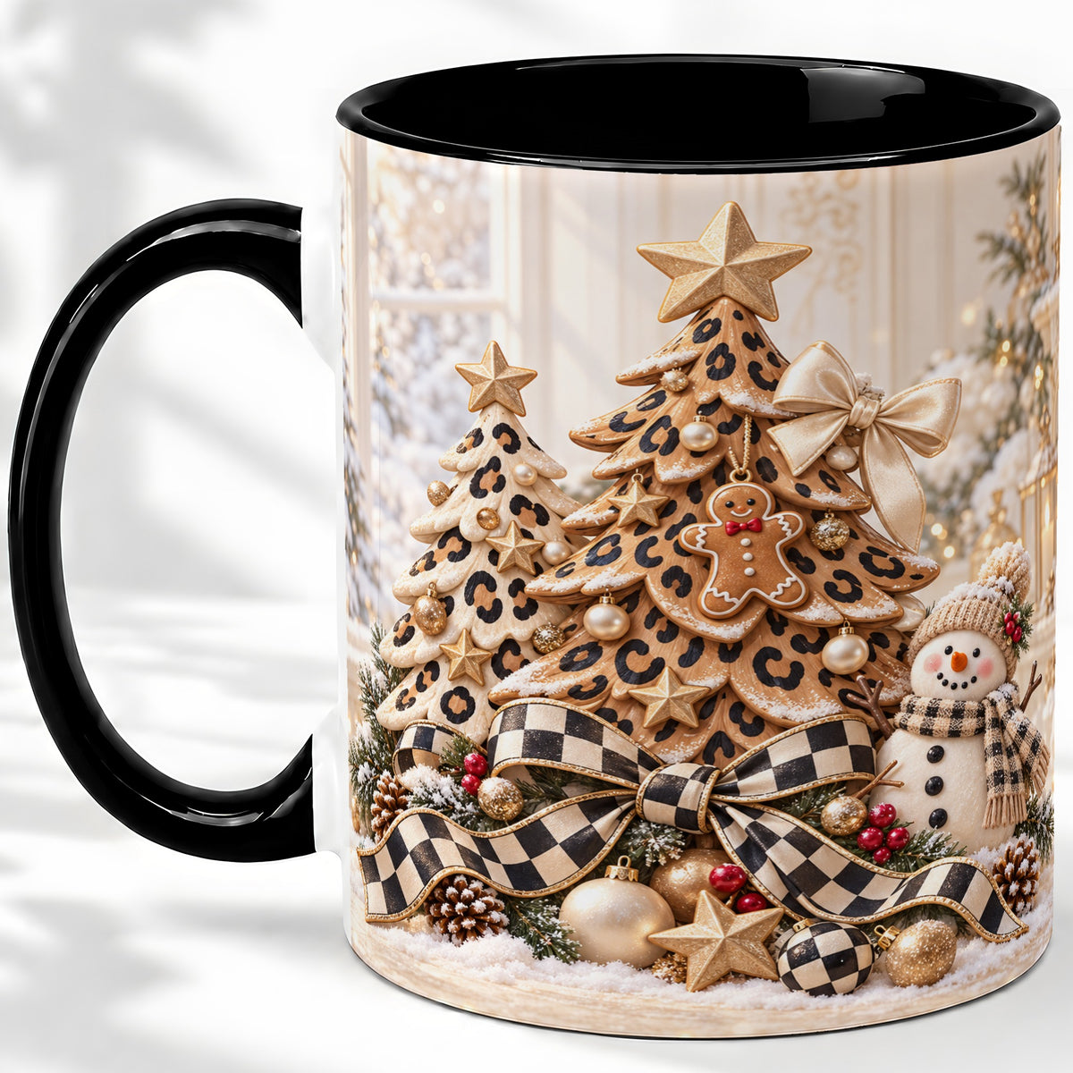 #pl[11oz|Black] Leopard Print Christmas Tree Accent Mug, Ceramic Coffee Cup