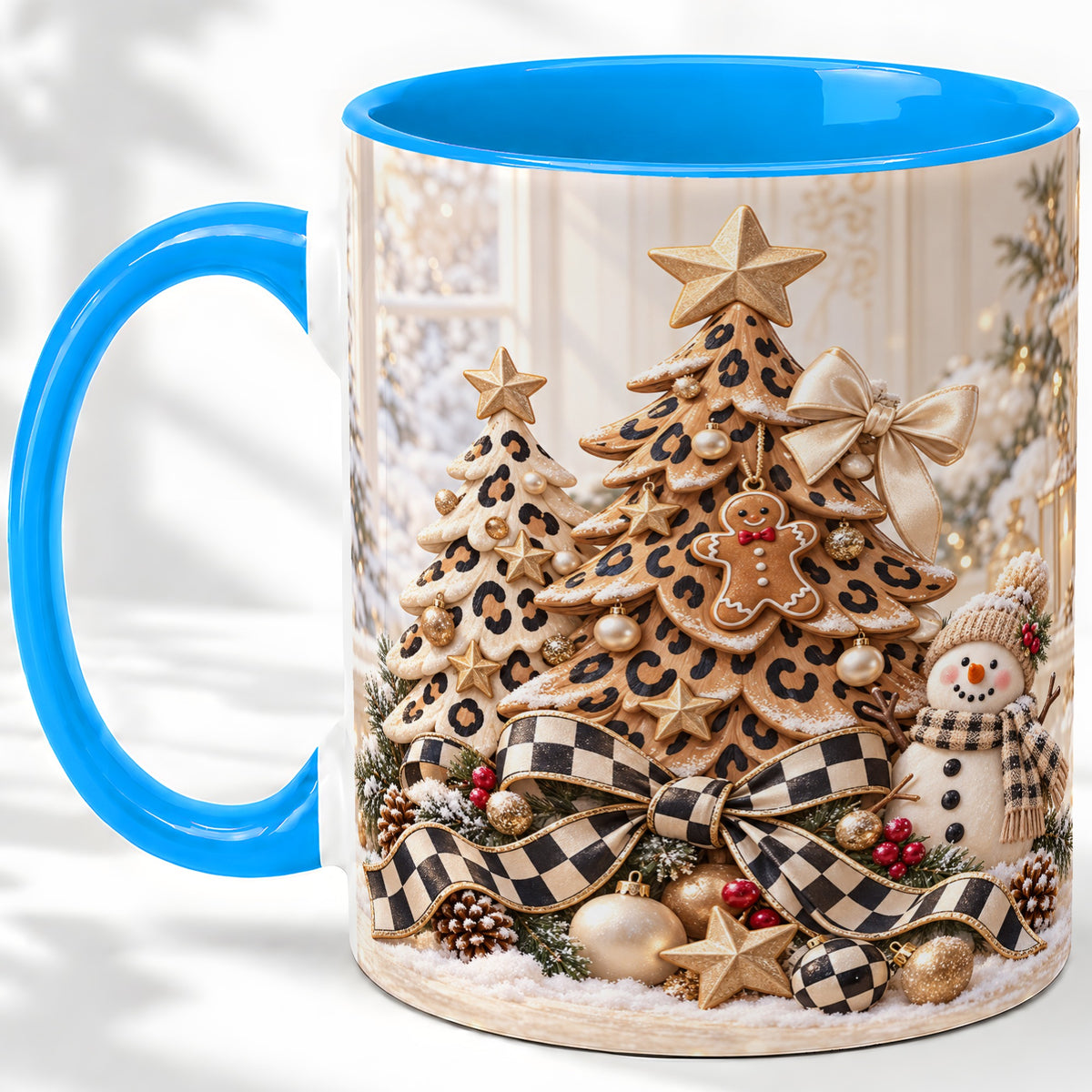 #pl[11oz|Blue] Leopard Print Christmas Tree Accent Mug, Ceramic Coffee Cup