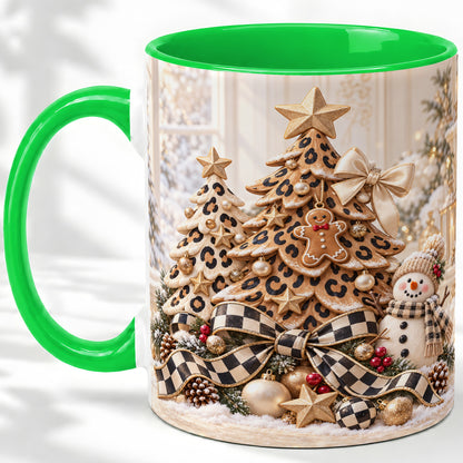 #pl[11oz|Green] Leopard Print Christmas Tree Accent Mug, Ceramic Coffee Cup