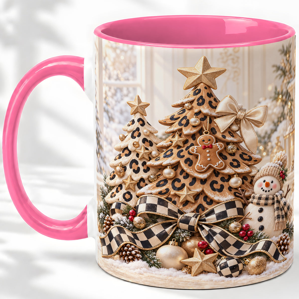 #pl[11oz|Pink] Leopard Print Christmas Tree Accent Mug, Ceramic Coffee Cup
