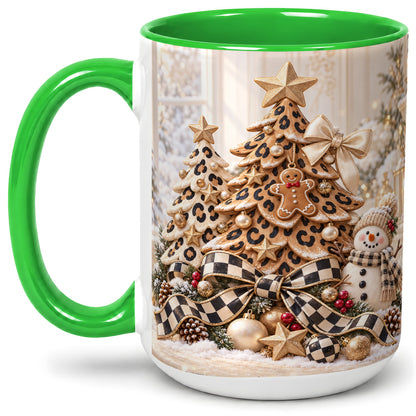 #pl[15oz|Green] Leopard Print Christmas Tree Accent Mug, Ceramic Coffee Cup