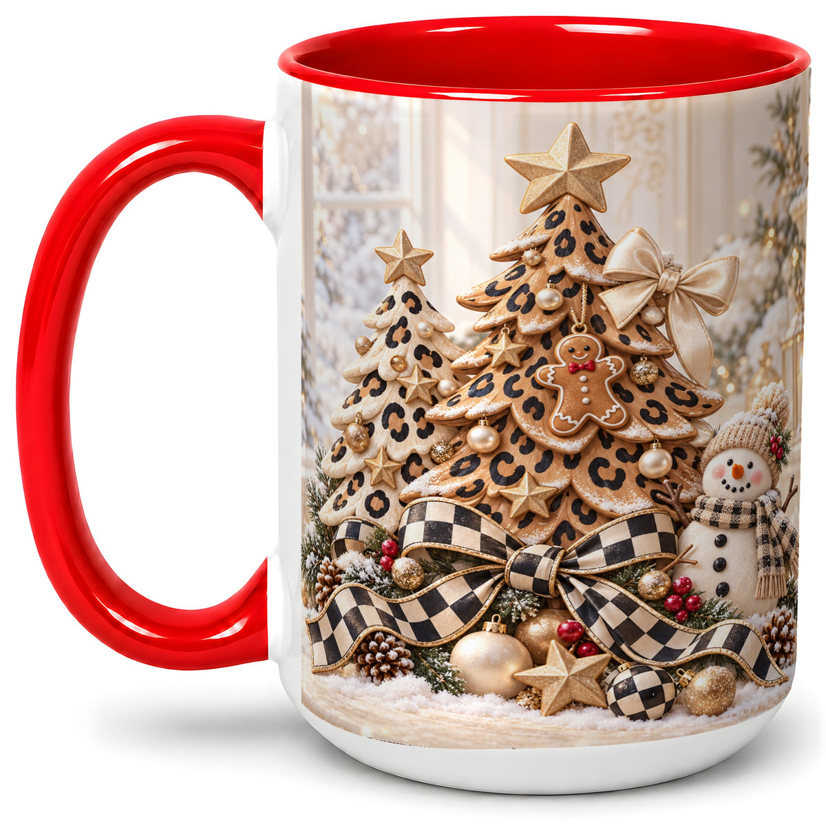 #pl[15oz|Red] Leopard Print Christmas Tree Accent Mug, Ceramic Coffee Cup