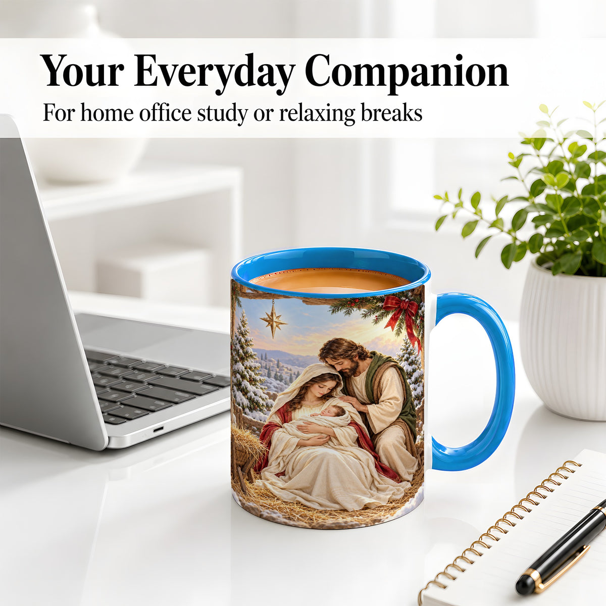 #pl[11oz|Blue] Nativity Scene Accent Mug, Ceramic Coffee Cup with Holy Family