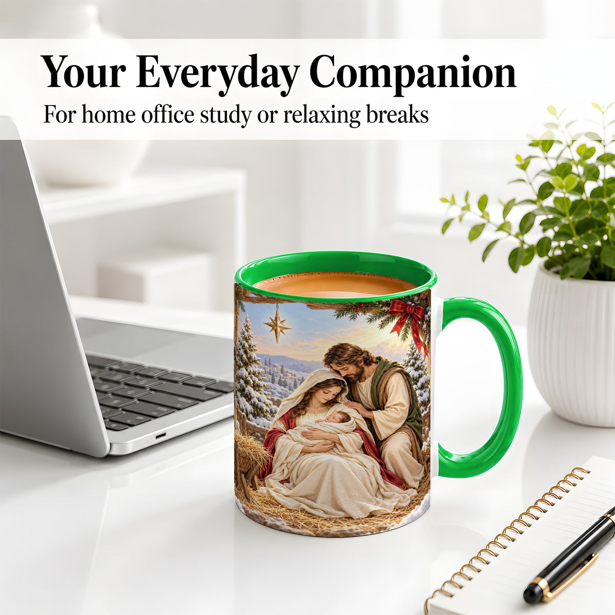 #pl[11oz|Green] Nativity Scene Accent Mug, Ceramic Coffee Cup with Holy Family