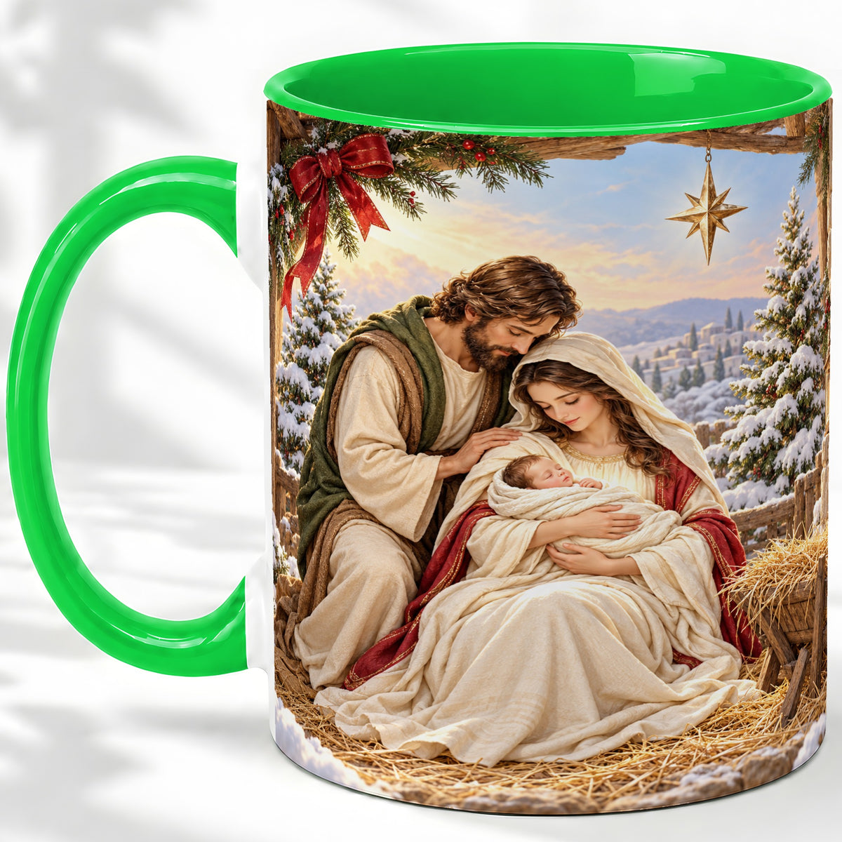 #pl[11oz|Green] Nativity Scene Accent Mug, Ceramic Coffee Cup with Holy Family