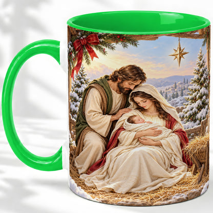 #pl[11oz|Green] Nativity Scene Accent Mug, Ceramic Coffee Cup with Holy Family