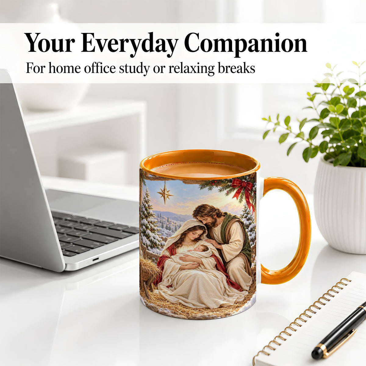 #pl[11oz|Orange] Nativity Scene Accent Mug, Ceramic Coffee Cup with Holy Family