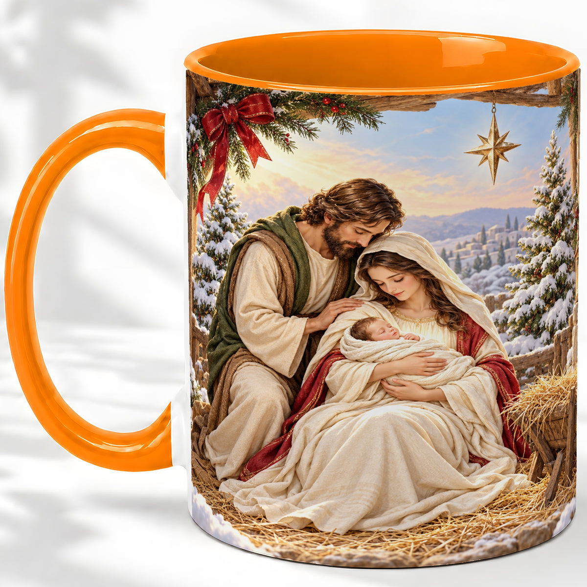 #pl[11oz|Orange] Nativity Scene Accent Mug, Ceramic Coffee Cup with Holy Family