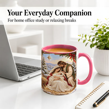 #pl[11oz|Pink] Nativity Scene Accent Mug, Ceramic Coffee Cup with Holy Family