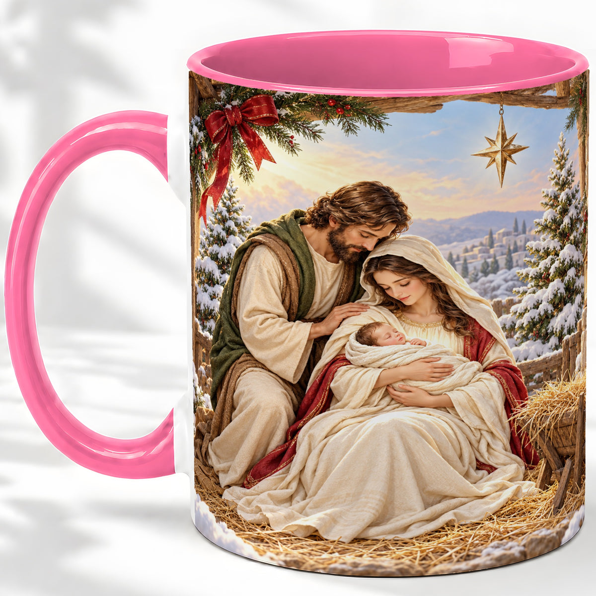 #pl[11oz|Pink] Nativity Scene Accent Mug, Ceramic Coffee Cup with Holy Family