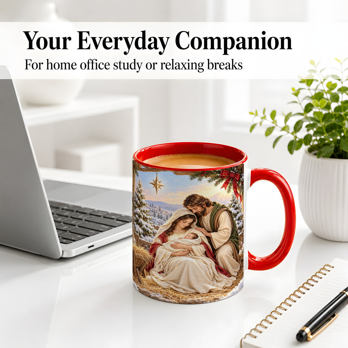 #pl[11oz|Red] Nativity Scene Accent Mug, Ceramic Coffee Cup with Holy Family