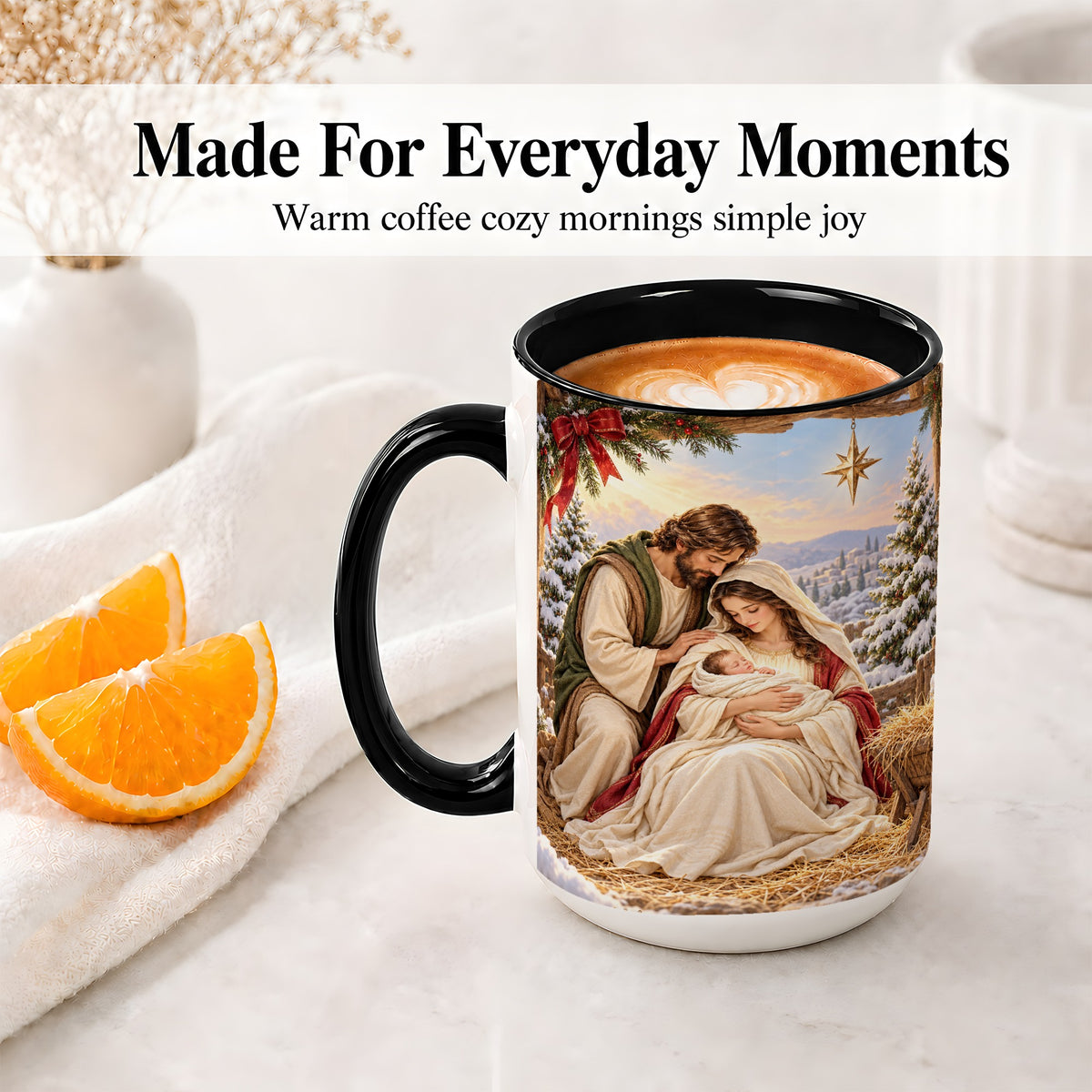 #pl[15oz|Black] Nativity Scene Accent Mug, Ceramic Coffee Cup with Holy Family