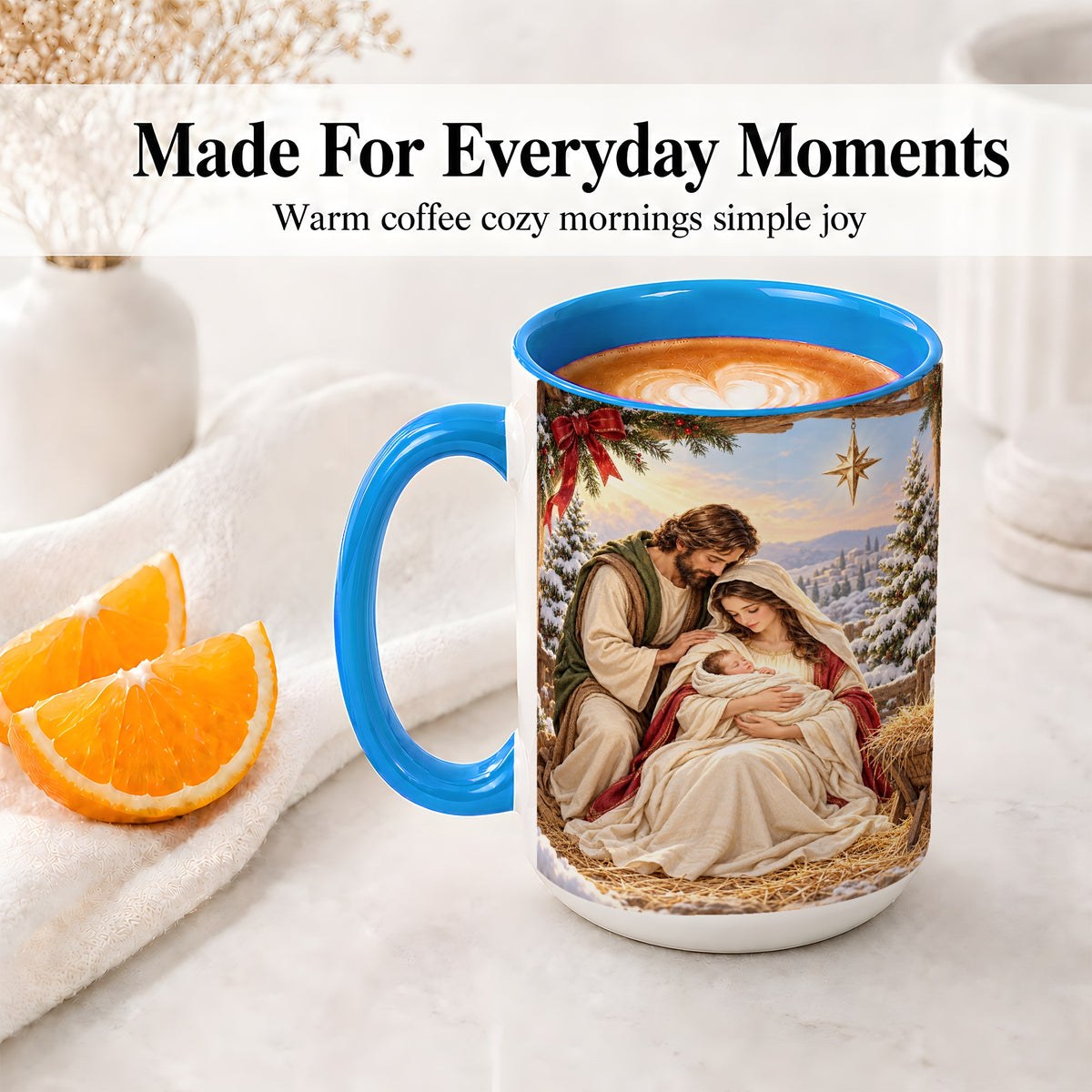 #pl[15oz|Blue] Nativity Scene Accent Mug, Ceramic Coffee Cup with Holy Family