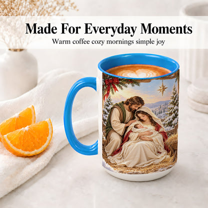 #pl[15oz|Blue] Nativity Scene Accent Mug, Ceramic Coffee Cup with Holy Family