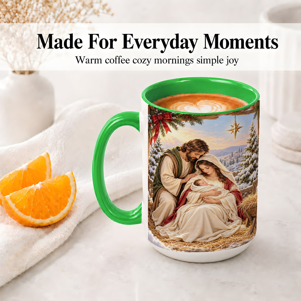 #pl[15oz|Green] Nativity Scene Accent Mug, Ceramic Coffee Cup with Holy Family