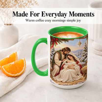 #pl[15oz|Green] Nativity Scene Accent Mug, Ceramic Coffee Cup with Holy Family