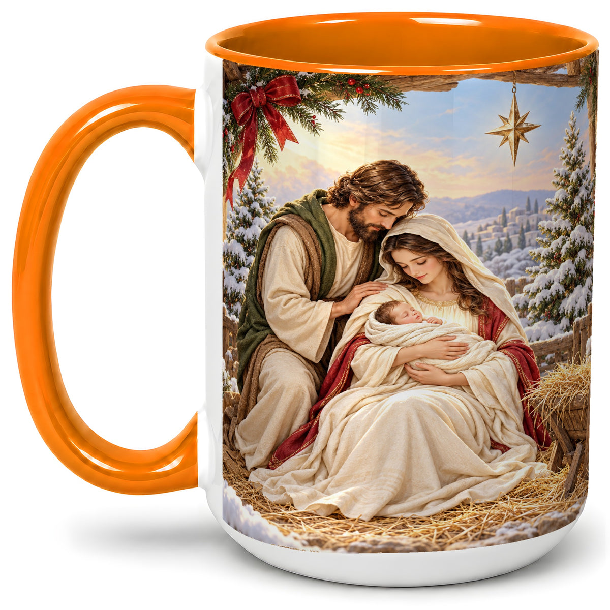 #pl[15oz|Orange] Nativity Scene Accent Mug, Ceramic Coffee Cup with Holy Family