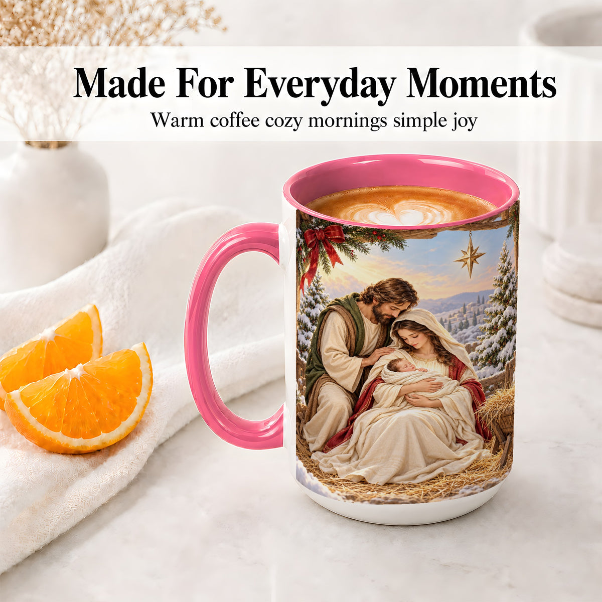 #pl[15oz|Pink] Nativity Scene Accent Mug, Ceramic Coffee Cup with Holy Family