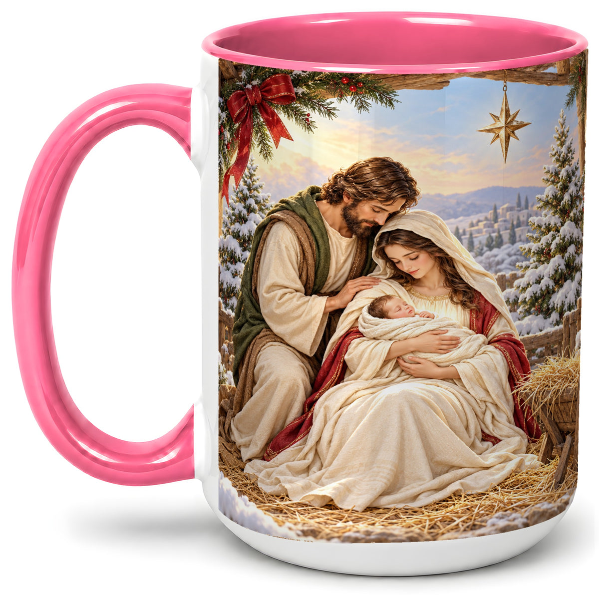 #pl[15oz|Pink] Nativity Scene Accent Mug, Ceramic Coffee Cup with Holy Family