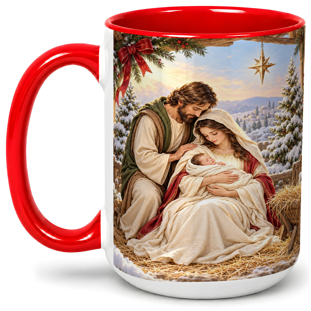#pl[15oz|Red] Nativity Scene Accent Mug, Ceramic Coffee Cup with Holy Family
